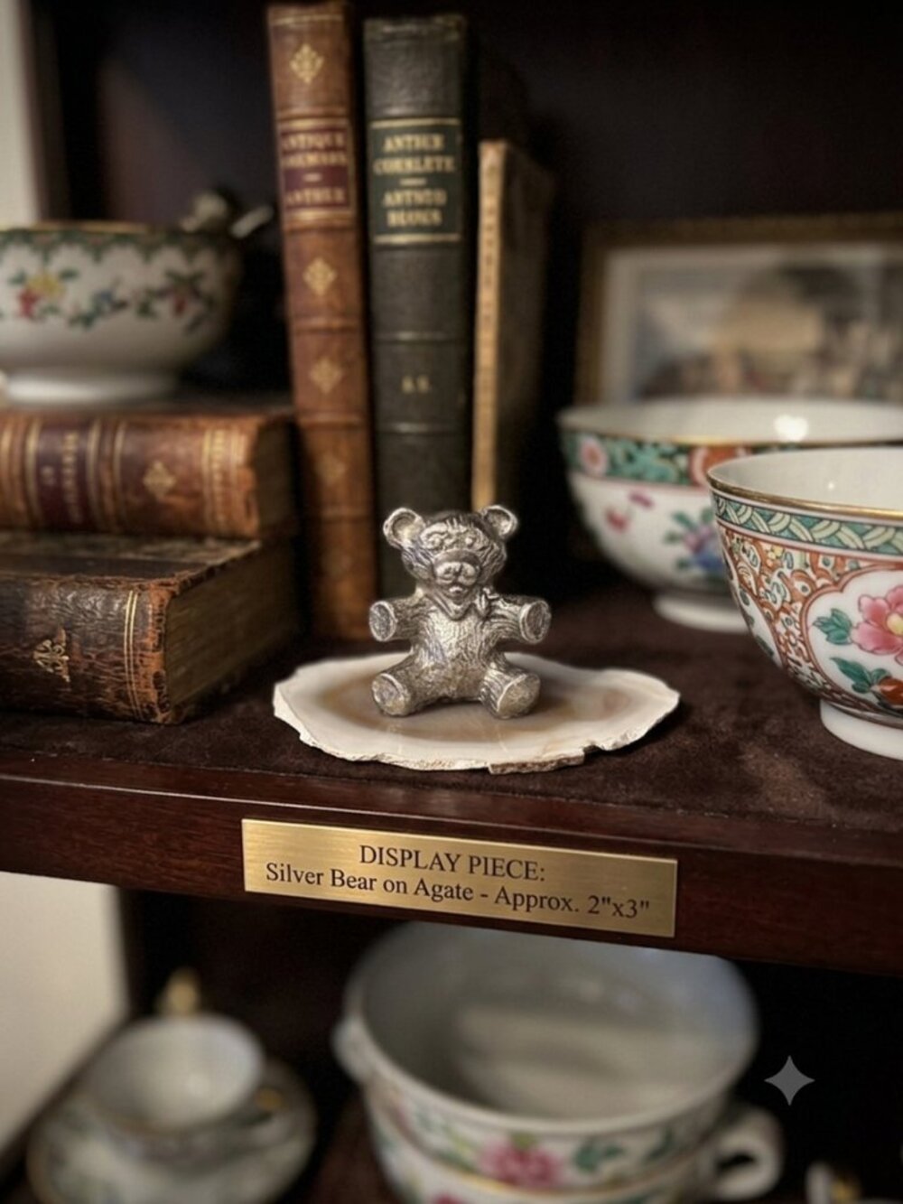 Silver Pewter Teddy Bear Figurine on Agate Slice.